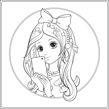 Genç güzel kız ile uzun duymak ve onun baş yapmak selfie o yay