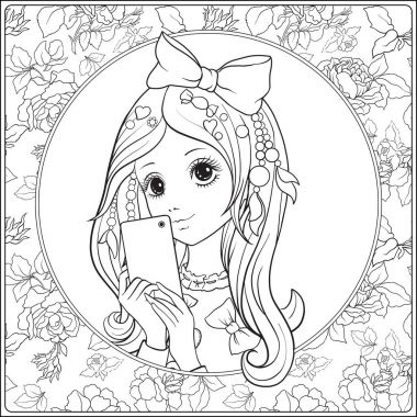 Genç güzel kız ile uzun duymak ve onun baş yapmak selfie o yay