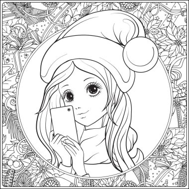 Genç güzel kız uzun ile duymak ve Santa Claus şapka onun baş m