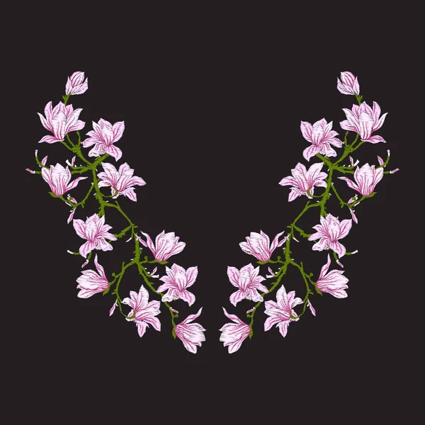 Nakış. Manolya çiçek tasarım öğeleriyle işlemeli bir