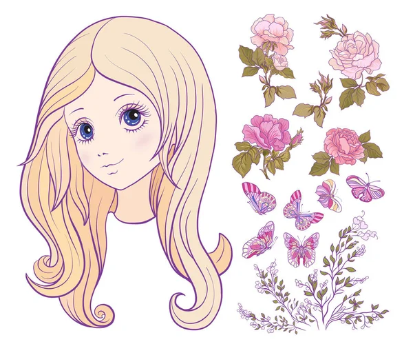Mädchen mit farbigen langen Haaren mit einem Set aus Rose, Schmetterling und Kleie — Stockvektor