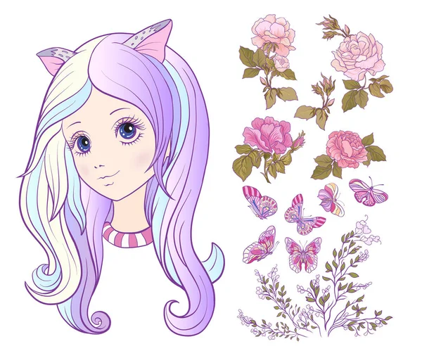 Fille avec une oreille de chat et les cheveux longs colorés et ensemble de rose, cul — Image vectorielle