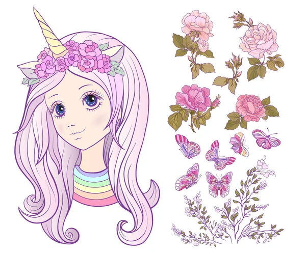 Kız bir tek boynuzlu at boynuz ve renkli uzun saçlı ve gül kümesi,