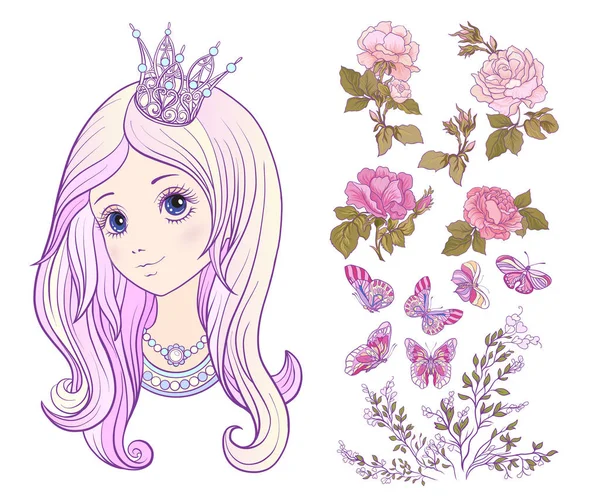 Fille avec couronne de princesse et cheveux longs colorés et ensemble de roses , — Image vectorielle