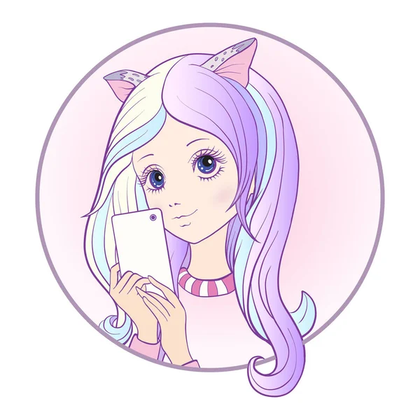 Genç güzel kız pembe renkli uzun multi ile duymak ve kedi kulakları m