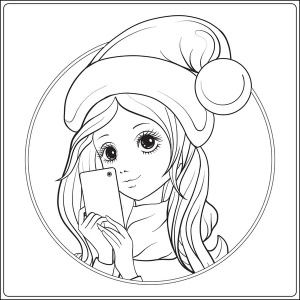 Genç güzel kız uzun ile duymak ve Santa Claus şapka onun baş m