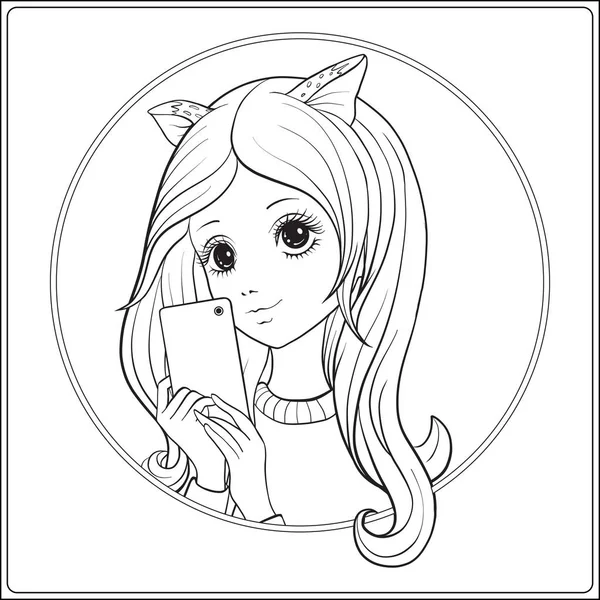 Genç güzel kız ile uzun duymak ve kedi kulakları selfie veya fotoğraf olun