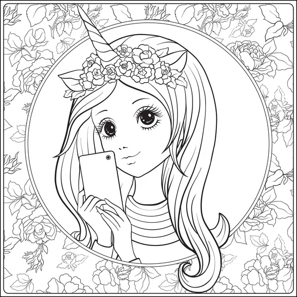 Молодая милая девушка с длинным слухом и рогом единорога и розами на ней — стоковый вектор