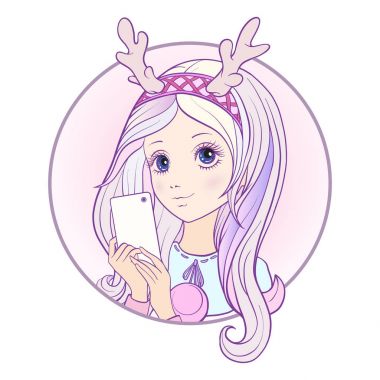 Genç güzel kız pembe renkli uzun multi ile duymak ve geyikler hor