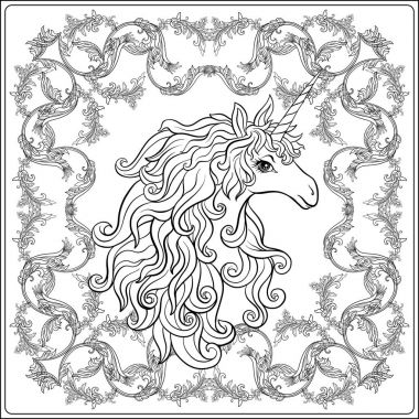 Tek boynuzlu at çerçevesinde, royal, ortaçağ tarzı Arabesk. Kuruluş birimi