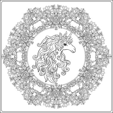 Tek boynuzlu at çerçevesinde, royal, ortaçağ tarzı Arabesk. Kuruluş birimi