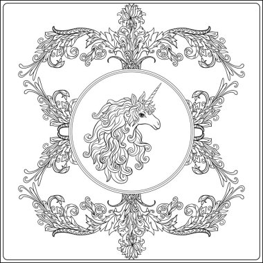 Tek boynuzlu at çerçevesinde, royal, ortaçağ tarzı Arabesk. Kuruluş birimi