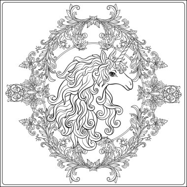 Tek boynuzlu at çerçevesinde, royal, ortaçağ tarzı Arabesk. Kuruluş birimi