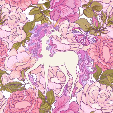Pembe, pur tek boynuzlu at, gül ve kelebekler Seamless Modeli