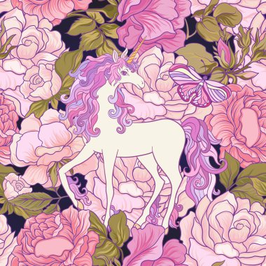 Pembe, pur tek boynuzlu at, gül ve kelebekler Seamless Modeli