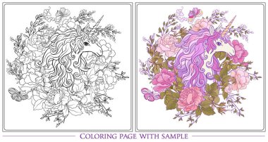 Tek boynuzlu at, bir buket gül ve kelebekler w üzerinde poster