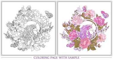 Tek boynuzlu at, bir buket gül ve kelebekler w üzerinde poster