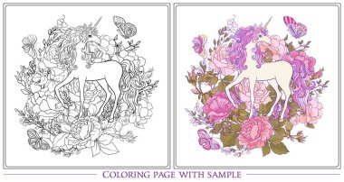 Tek boynuzlu at, bir buket gül ve kelebekler w üzerinde poster