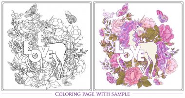 Tek boynuzlu at, bir buket gül ve kelebekler w üzerinde poster