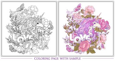 Tek boynuzlu at, bir buket gül ve kelebekler w üzerinde poster