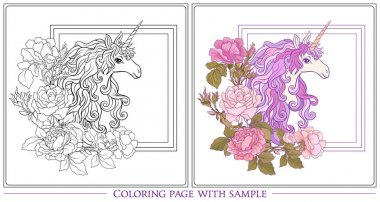 Tek boynuzlu at, bir buket gül ve kelebekler w üzerinde poster