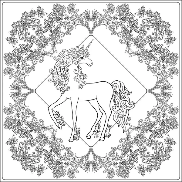 Unicornio en el marco, arabesco en el estilo real, medieval. Ou. — Vector de stock