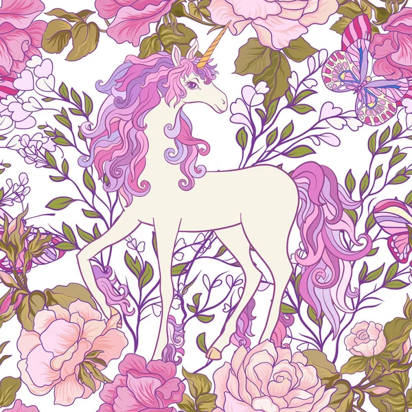 De Eenhoorn, rozen en vlinders naadloze patroon in roze, pur — Stockvector