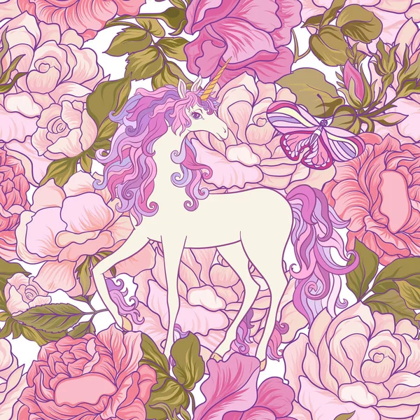 Pembe, pur tek boynuzlu at, gül ve kelebekler Seamless Modeli