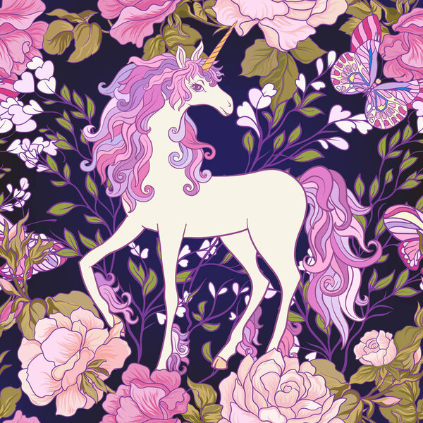 El unicornio, rosas y mariposas Patrón sin costuras en rosa, pur — Vector de stock