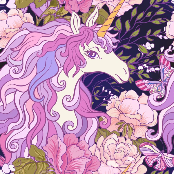 De Eenhoorn, rozen en vlinders naadloze patroon in roze, pur — Stockvector