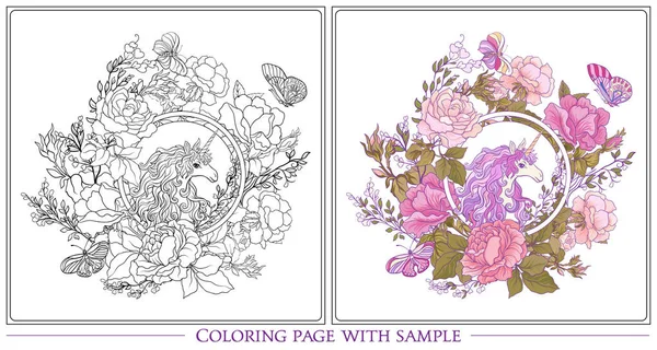 Tek boynuzlu at, bir buket gül ve kelebekler w üzerinde poster