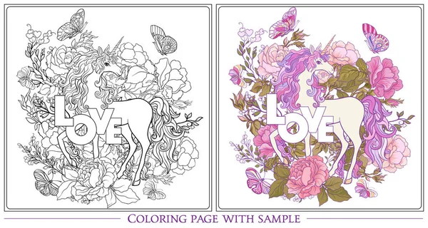 Tek boynuzlu at, bir buket gül ve kelebekler w üzerinde poster