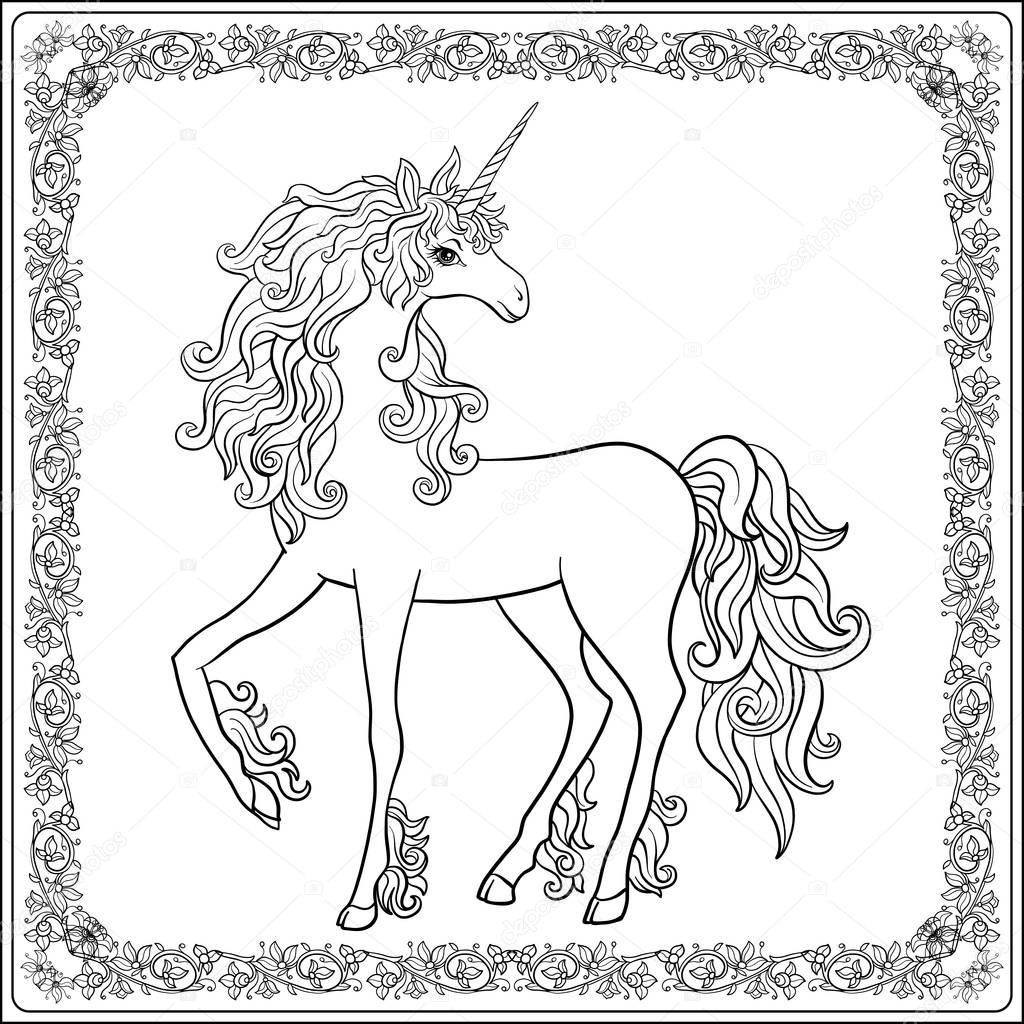 Unicorn in the frame, arabesque in the royal, medieval style. Ou