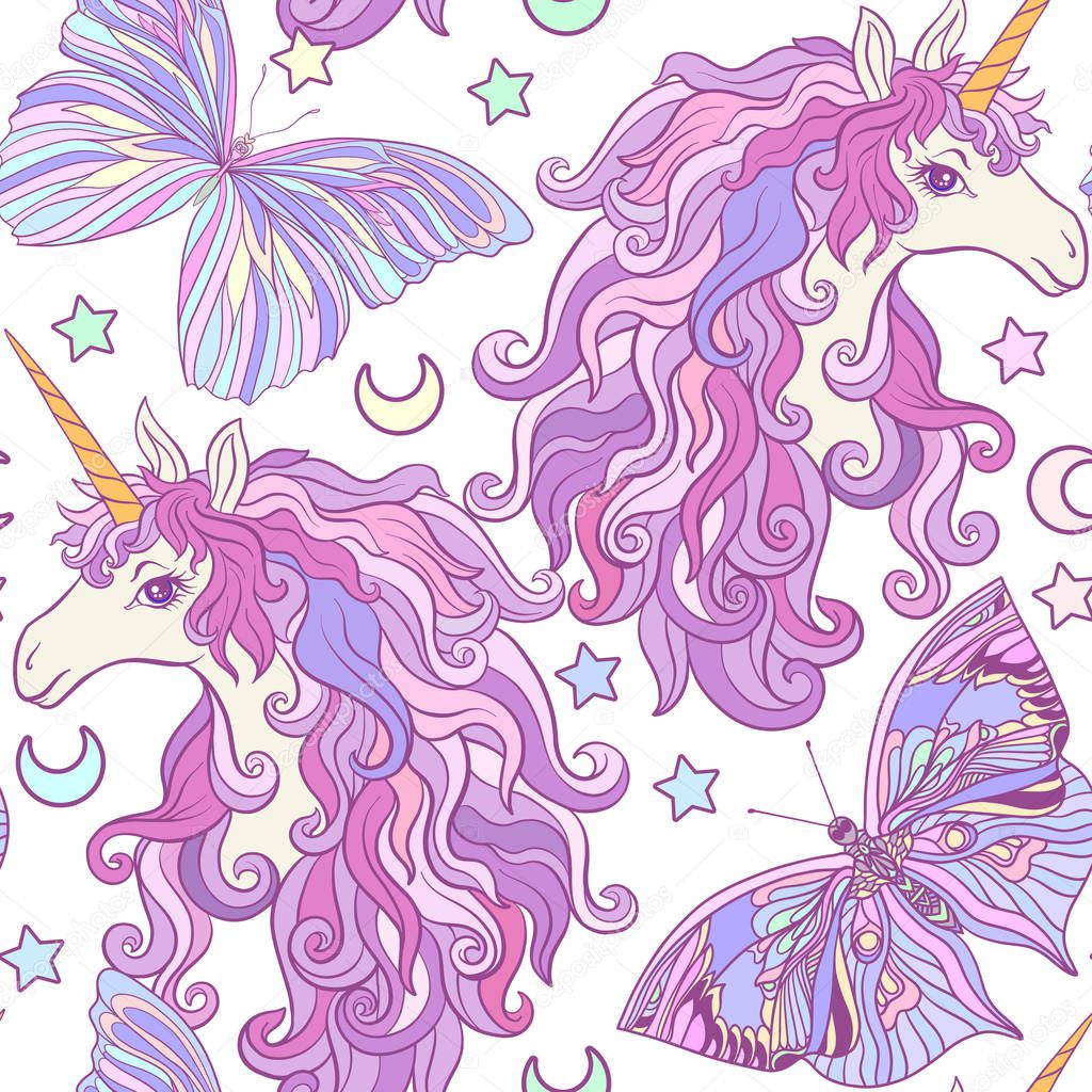 Unicorn with multicolored mane, butterfly rainbow, star. Seamles