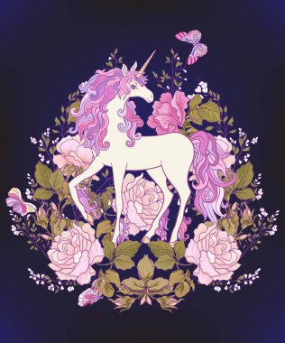 Tek boynuzlu at, bir buket gül ve siyah backgro kelebekler