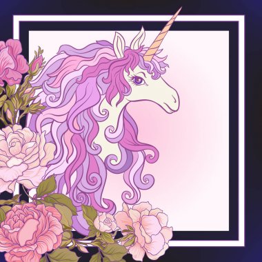 Tek boynuzlu at, bir buket gül ve siyah backgro kelebekler