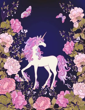 Tek boynuzlu at, bir buket gül ve siyah backgro kelebekler