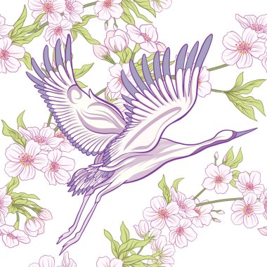 Japon vinç ve Japonca krizantem ile Seamless Modeli