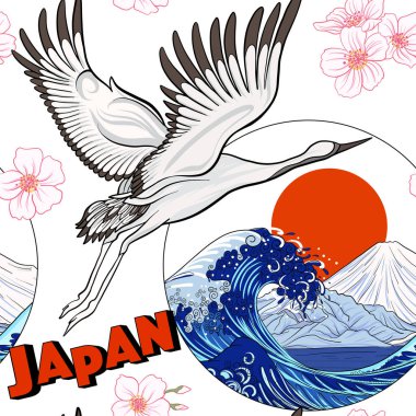 Japon vinç ve Japonca krizantem ile Seamless Modeli