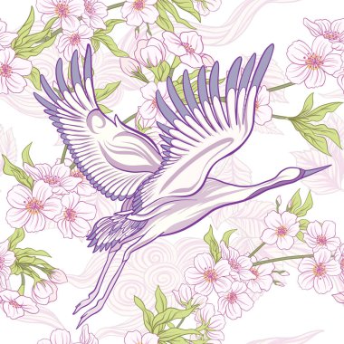 Seamless pattern with Japanese crane and chrysanthemum in Japane clipart