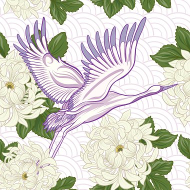 Japon vinç ve Japonca krizantem ile Seamless Modeli