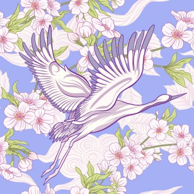 Japon vinç ve Japonca krizantem ile Seamless Modeli