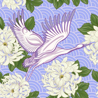 Japon vinç ve Japonca krizantem ile Seamless Modeli