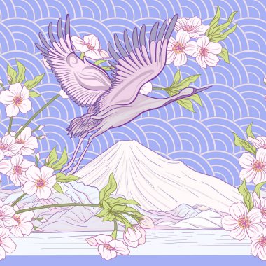 Japon vinç ve Japonca krizantem ile Seamless Modeli