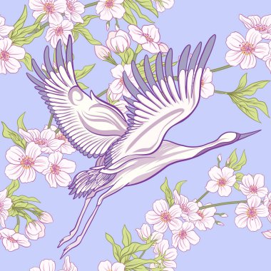 Seamless pattern with Japanese crane and chrysanthemum in Japane clipart