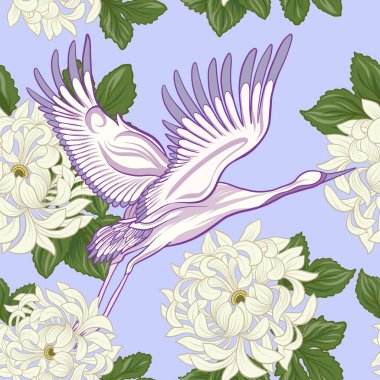 Japon vinç ve Japonca krizantem ile Seamless Modeli