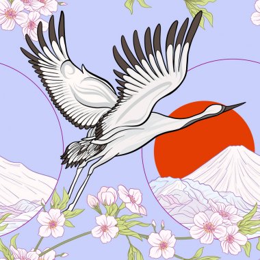 Japon vinç ve Japonca krizantem ile Seamless Modeli