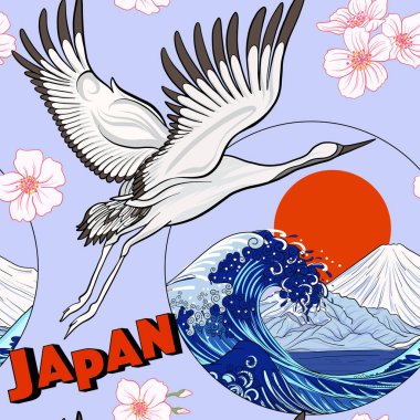 Japon vinç ve Japonca krizantem ile Seamless Modeli