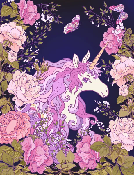 El unicornio, un ramo de rosas y mariposas sobre fondo negro — Archivo Imágenes Vectoriales