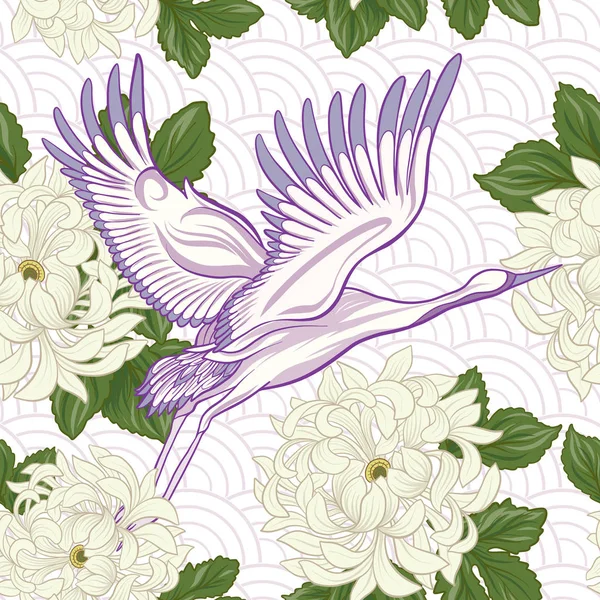 Japon vinç ve Japonca krizantem ile Seamless Modeli